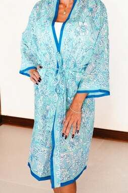 Jean-Pierre Klifa Blue Floral Cotton Voile Kimono Robe Medium Large
